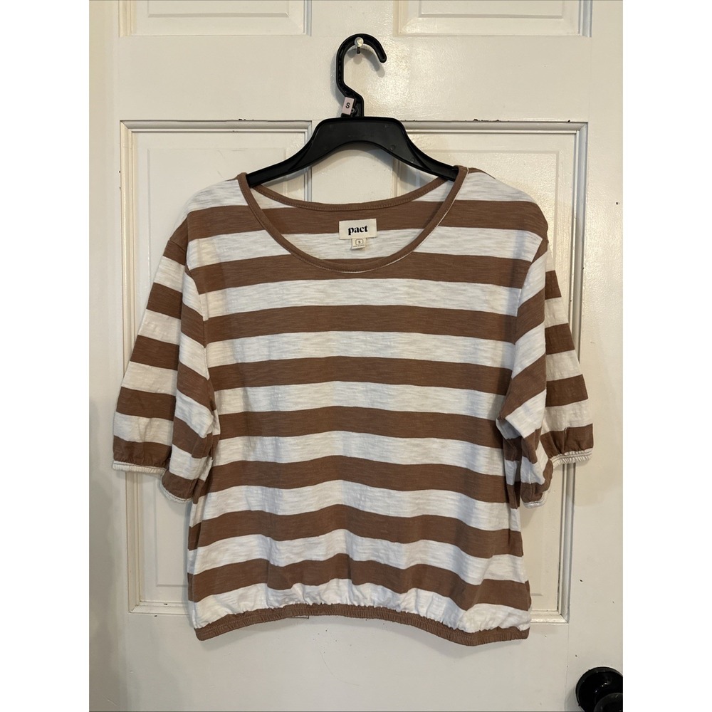 Pact Women's Fawn Brown/White Stripe 100% Cotton Easy Slub Bubble Hem Top Sz S